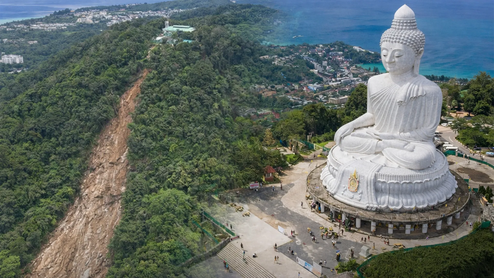 Aerial view of Phuket’s Big Buddha showing the surrounding hillside and landslide area after safety inspections.
